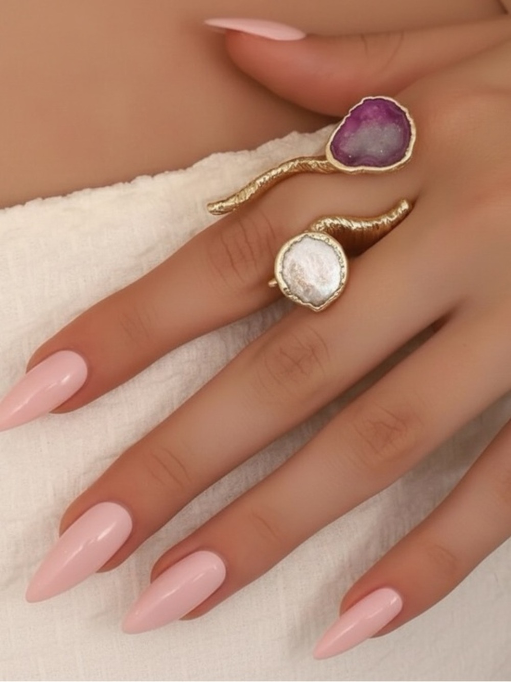 Gold-Tone Double Stone Statement Ring with Pink and White Agate
